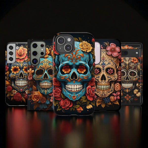 Dia De Los Muertos Sugar Skull Heavy Duty Phone Case, Colorful Phone Case for IPhone, Samsung Galaxy, Pixel, Emo, Goth, Gothic, Deco, Tatto