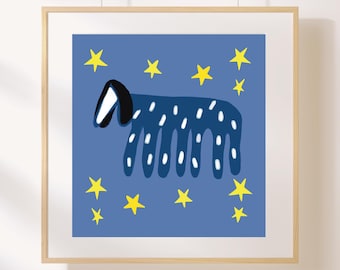 Whimsical Blue Dog Art Print, Cute Animal Wall Decor with Stars, Playful Kids' Room Illustration, Nursery Artwork, Digital Download Art