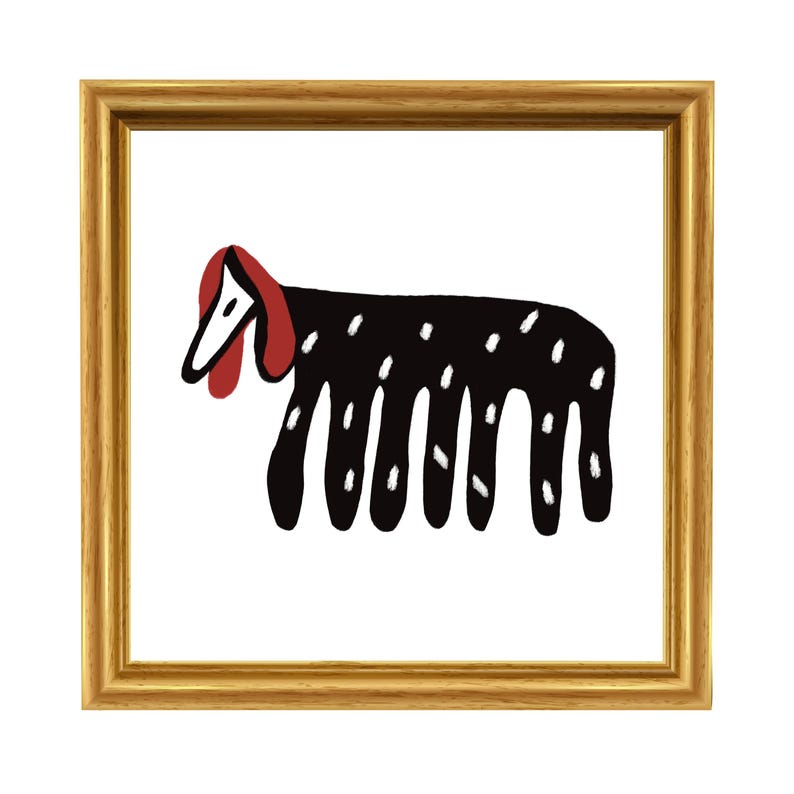 May include: A framed illustration of a black and white dog with red hair, standing on a white background.