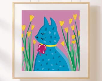 Blue Cat Nursery Art Print, Whimsical Kids Room Digital Wall Art, Playful Animal Artwork for Nurseries and Playrooms, Instant Download Art