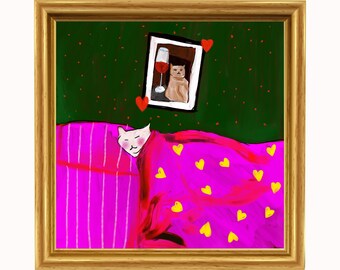 Cozy Sleeping Cat with Heart Blanket, Whimsical Digital Art for Cat Lovers, Dreamy Pink and Green Bedroom Decor, Quirky Feline Artwork