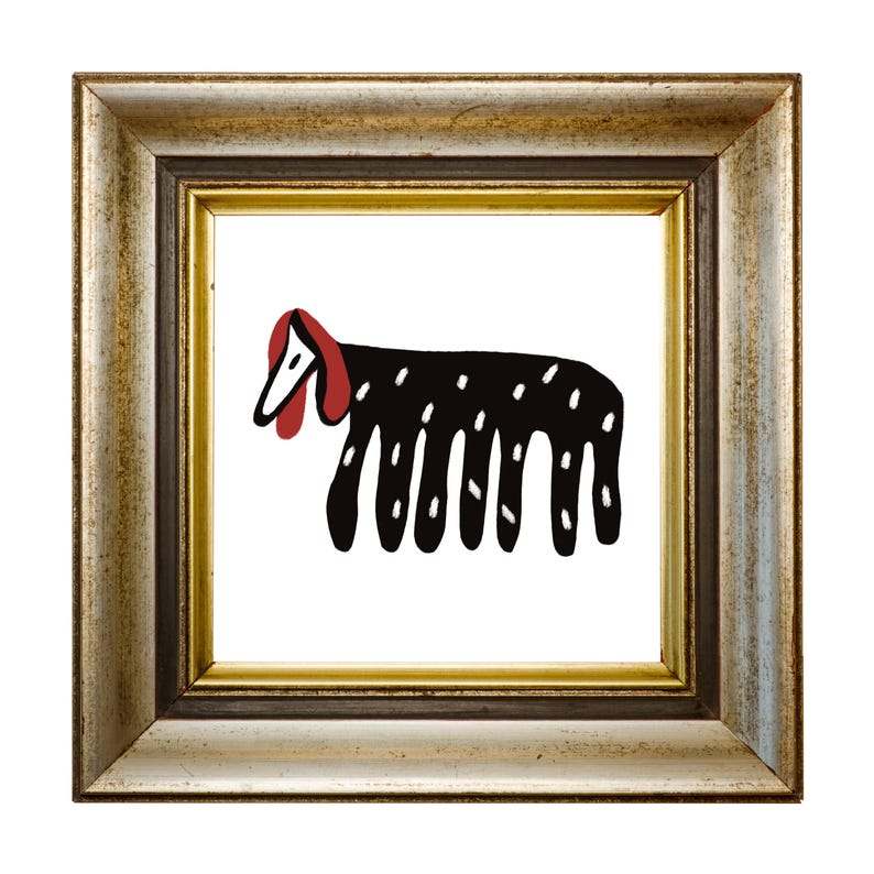 May include: A black and white stylized illustration of a dog with a red head, framed in a gold and silver frame.