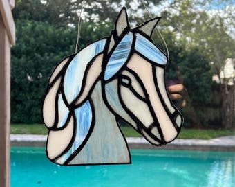 Stained Glass Horse Suncatcher: Gray, White, and Clear Glass