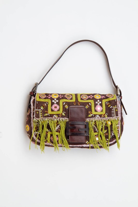 Fendi Floral Embroidered Fringe Beaded Baguette | 