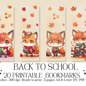 Set of 20 Watercolor &quot;Back to School&quot; Printable Bookmarks, Chibi Fox, Fall Bookmarks, High-Quality PDF & JPG, Instant Digital Download