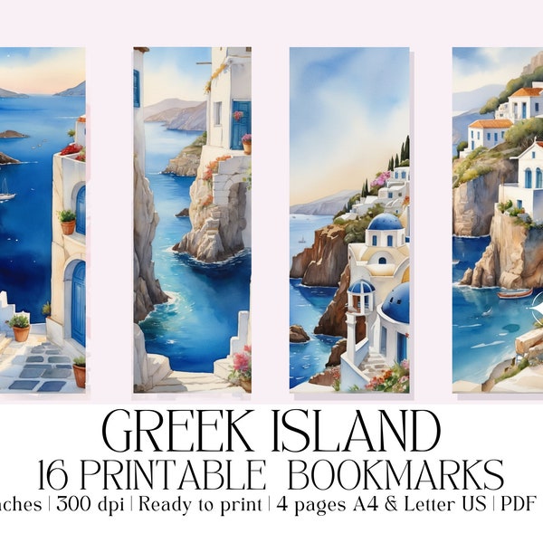 Set of 16 Watercolor "Greek Island" Printable Bookmarks | Digital Bookmarks | High-Quality PDF & JPG | Instant Download | Bookish Gift Idea