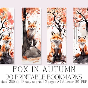 Set of 20 Watercolor &quot;Fox in Autumn&quot; Printable Bookmarks, Fall Bookmarks, High-Quality PDF & JPG, Instant Digital Download, Book Lover Gift