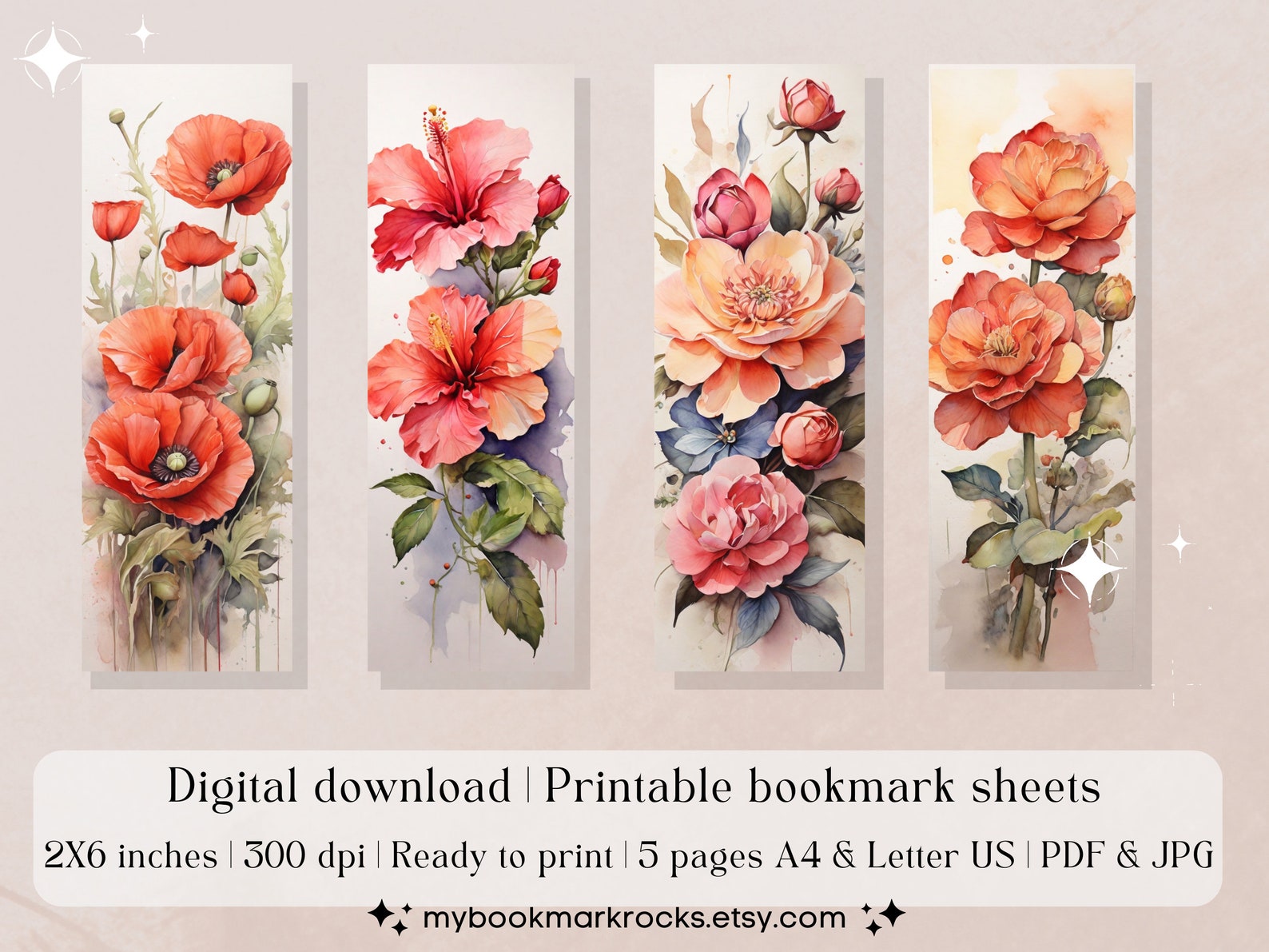 Set of 20 Watercolor "flowers" Printable Bookmarks, Botanical Bookmarks ...