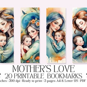 Set of 20 Watercolor &quot;Mother’s Love&quot; Printable Bookmarks, High-Quality PDF & JPG, Instant Digital Download, Gift for Her,  Mother&#39;s Day Gift