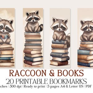 Set of 20 Watercolor &quot;Raccoon & Books&quot; Printable Bookmarks, Cute Raccoon, High-Quality PDF and JPG, Instant Digital Download, Booklover Gift