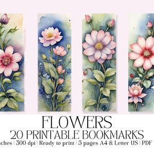 Set of 20 Watercolor &quot;Flowers&quot; Printable Bookmarks, Floral Bookmarks, High-Quality PDF & JPG, Instant Digital Download, Bookish Gift Idea