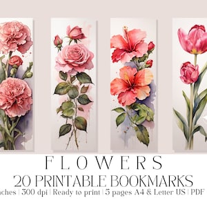 Set of 20 Watercolor &quot;Flowers&quot; Printable Bookmarks, High-Quality PDF & JPG, Botanical Bookmarks, Instant Digital Download, Bookish Gift