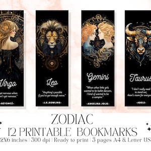 Set of 12 &quot;Zodiac&quot; Printable Bookmarks, High-Quality PDF & JPG, Zodiac Signs Bookmarks, Instant Digital Download, Unique Bookish Gift
