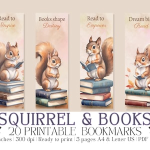 Set of 20 Watercolor &quot;Squirrel & Books&quot; Printable Bookmarks, Cute Squirrel, High-Quality PDF and JPG, Instant Download, Bookish Quotes