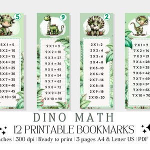 May include: Four vertical bookmarks featuring green dinosaur illustrations and multiplication tables for 5, 9, 2, and 7. Each bookmark displays a numbered circle at the top and botanical leaf accents. Text at the bottom reads DINO MATH 12 PRINTABLE BOOKMARKS 2X6 inches 300 dpi Ready to print 3 pages A4 & Letter US PDF & JPG.