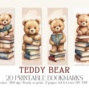 Set of 20 Watercolor &quot;Teddy Bear” Printable Bookmarks, High-Quality PDF & JPG, Instant Digital Download, Bookmarks for Kids, Ideal Gift Idea