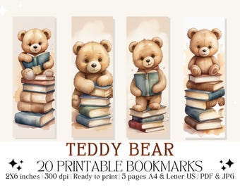 Set of 20 Watercolor "Teddy Bear" Printable Bookmarks, Bookmarks for Kids | Instant Digital Download (PDF & JPG)