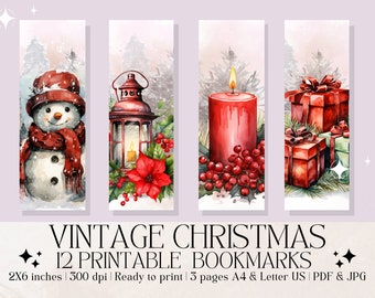 Set van 12 "Vintage Christmas" afdrukbare bladwijzers, kerstaquarel digitale bladwijzers, direct downloaden, afdrukken en knippen, leesgrage cadeau