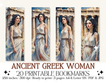 Ancient Greek Woman Bookmarks: Historical Art, Mythology Designs (PDF & JPG)