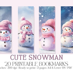 Set of 20 Pastel "Cute Snowman" Printable Bookmarks, Winter Bookmarks, High-Quality PDF & JPG, Instant Digital Download, Gift Idea
