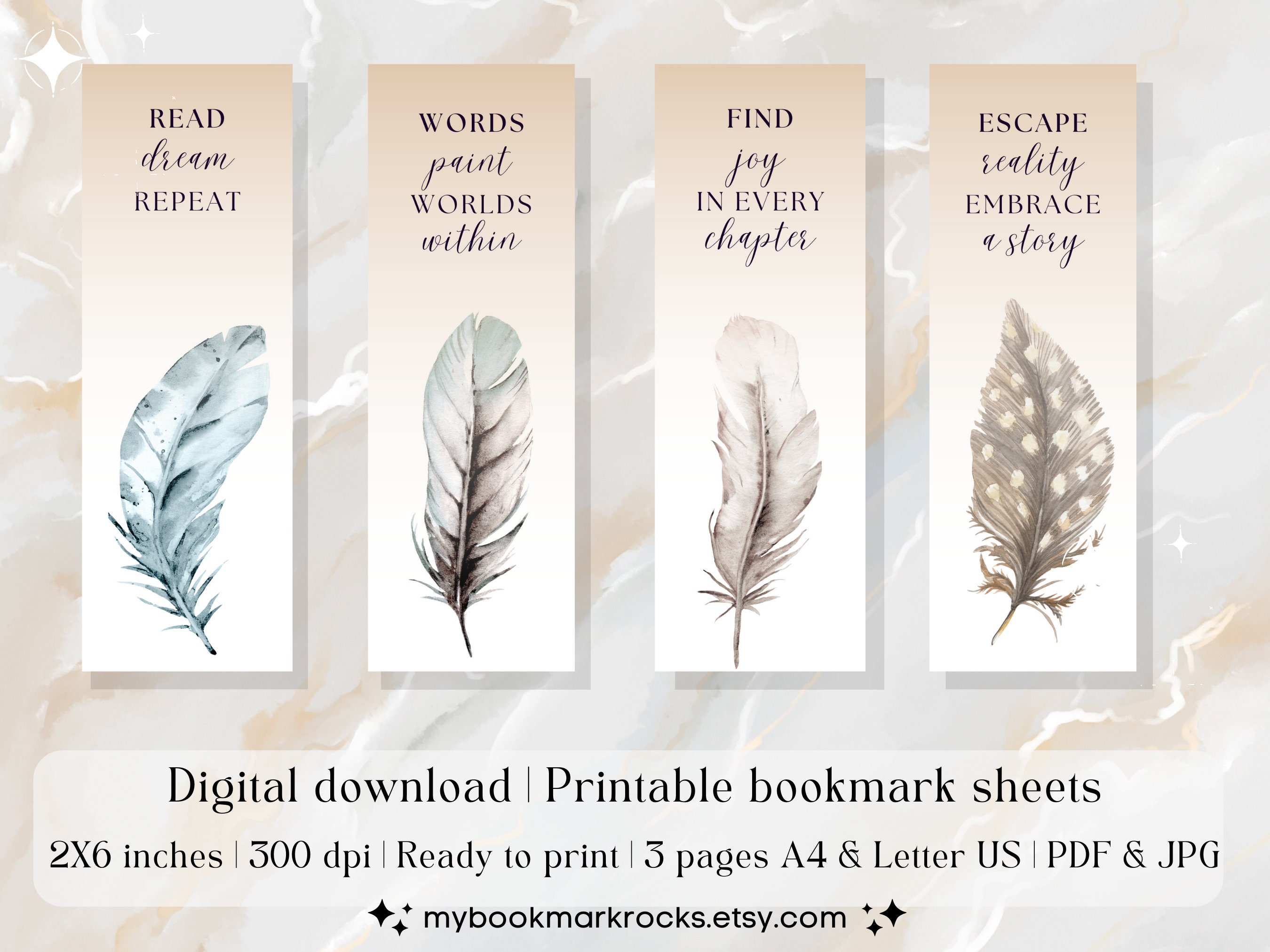Set of 12 feathers Printable Bookmarks, Watercolor Digital Bookmarks ...