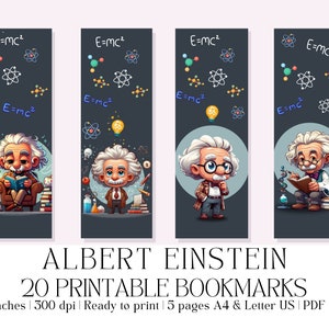 May include: Set of 20 printable bookmarks featuring a cartoon illustration of Albert Einstein with the equation E=mc² and various scientific symbols. The bookmarks are 2 inches by 6 inches and are ready to print on A4 or Letter size paper.