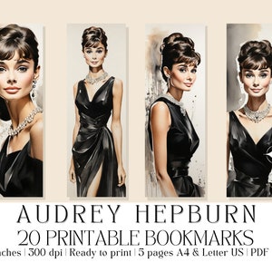 Set of 20 Watercolor &quot;Audrey Hepburn&quot; Printable Bookmarks, Vintage Style, High-Quality PDF & JPG, Instant Digital Download, Bookish Gift