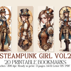 Set of 20 Watercolor &quot;Steampunk Girl 2&quot; Printable Bookmarks, High-Quality PDF & JPG, Instant Digital Download, Junk Journal Supply, Gift