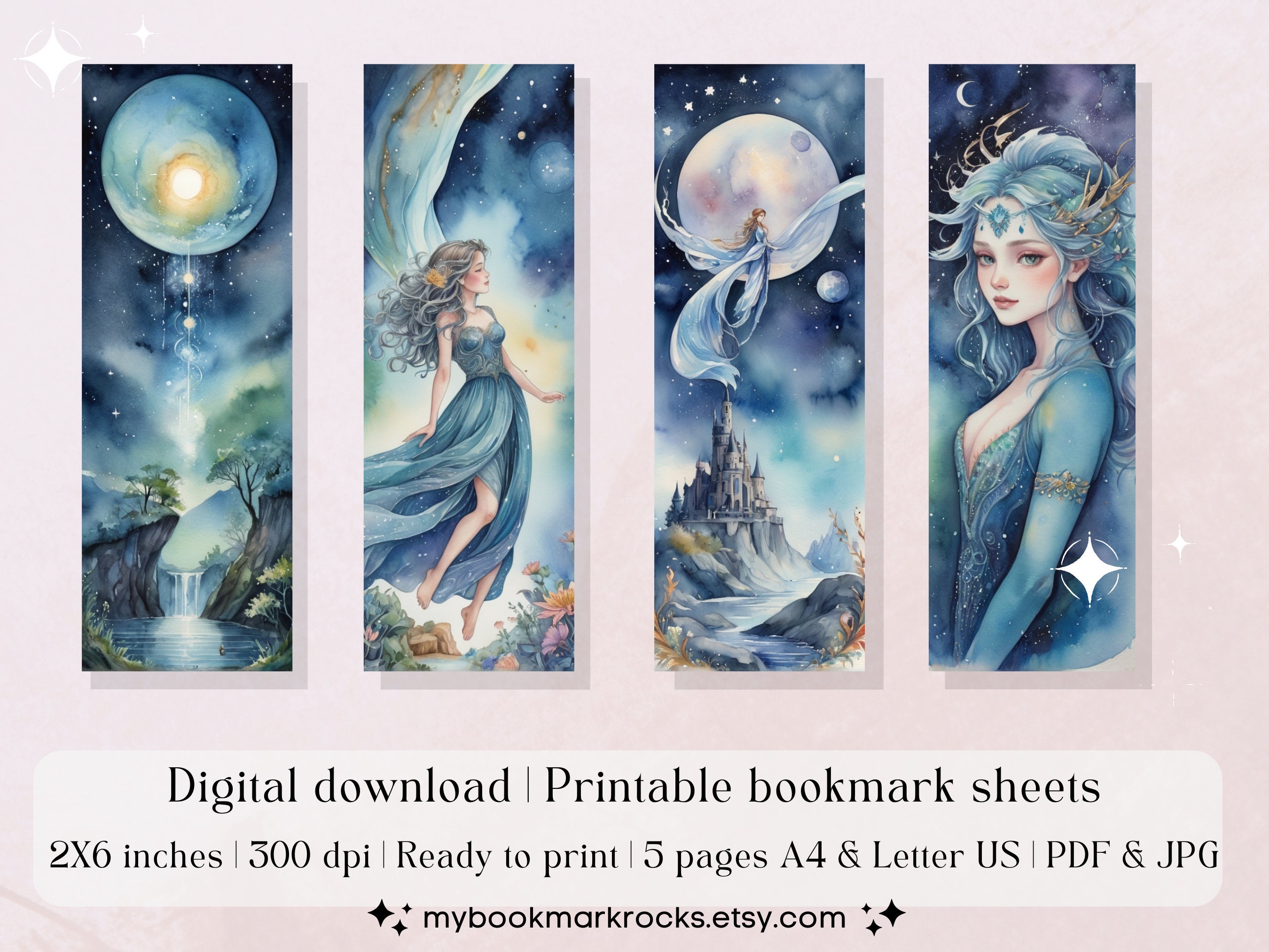 Set of 20 Watercolor celestial Printable Bookmarks, High-quality PDF ...