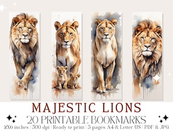 May include: Set of 20 printable bookmarks featuring watercolor illustrations of lions. The bookmarks are 2 inches by 6 inches and are ready to print in PDF and JPG formats.