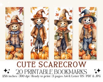 Set of 20 Watercolor "Cute Scarecrow" Printable Bookmarks, Fall Bookmarks, Pumpkin Bookmarks | Instant Digital Download (PDF & JPG)