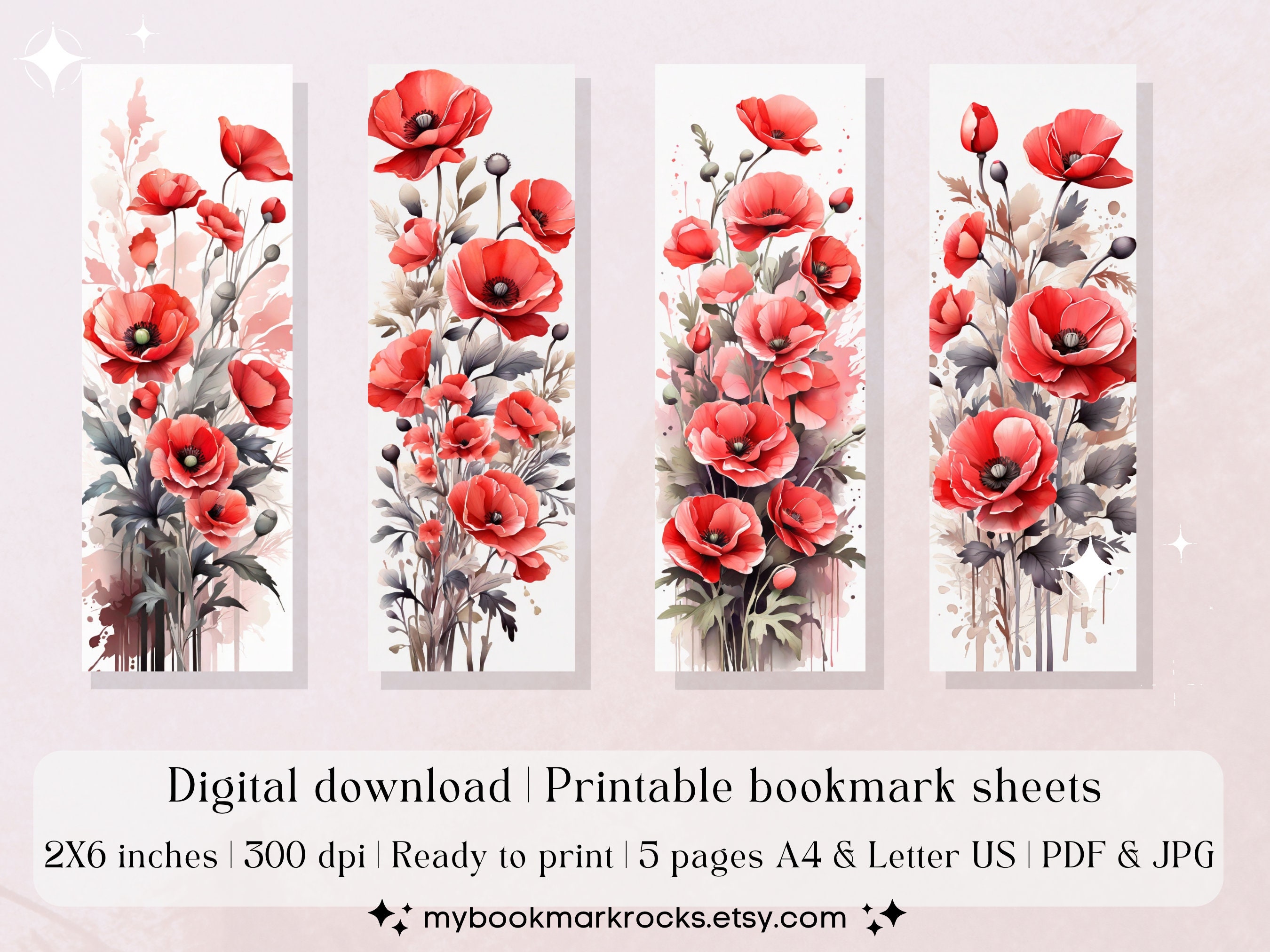 Set of 20 Watercolor poppies Printable Bookmarks, High-quality PDF ...