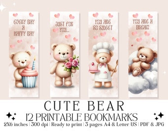 Set of 12 Watercolor "Cute Bear" Printable Bookmarks, Bookmarks for Kids, Instant Digital Download (PDF & JPG)