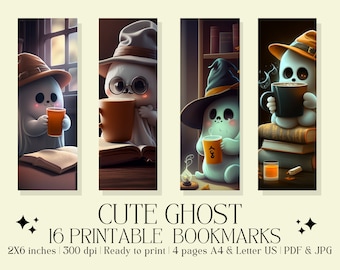 Set of 16 "Ghost with Coffee" Printable Bookmarks, Halloween Bookmarks, Book Lover Gift | Instant Digital Download (PDF & JPG)