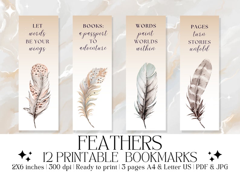 Set of 12 feathers Printable Bookmarks, Watercolor Digital Bookmarks ...