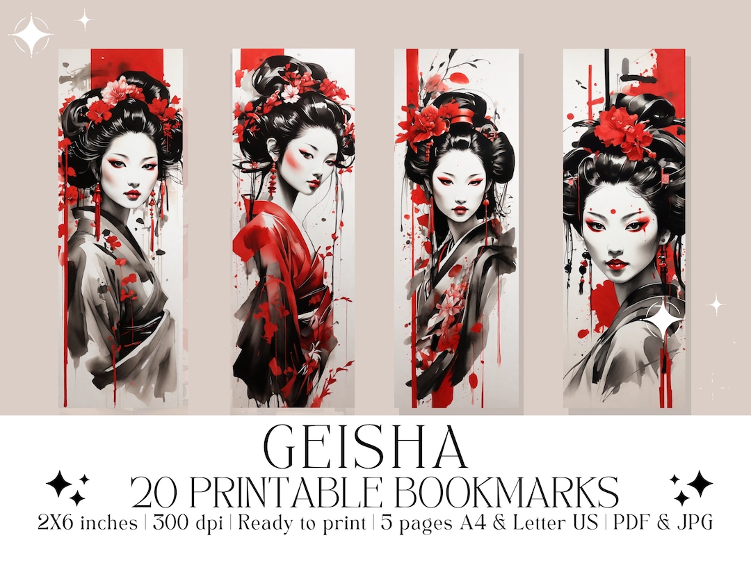 Set of 20 Red-black Ink “geisha” Printable Bookmarks, High-quality PDF ...