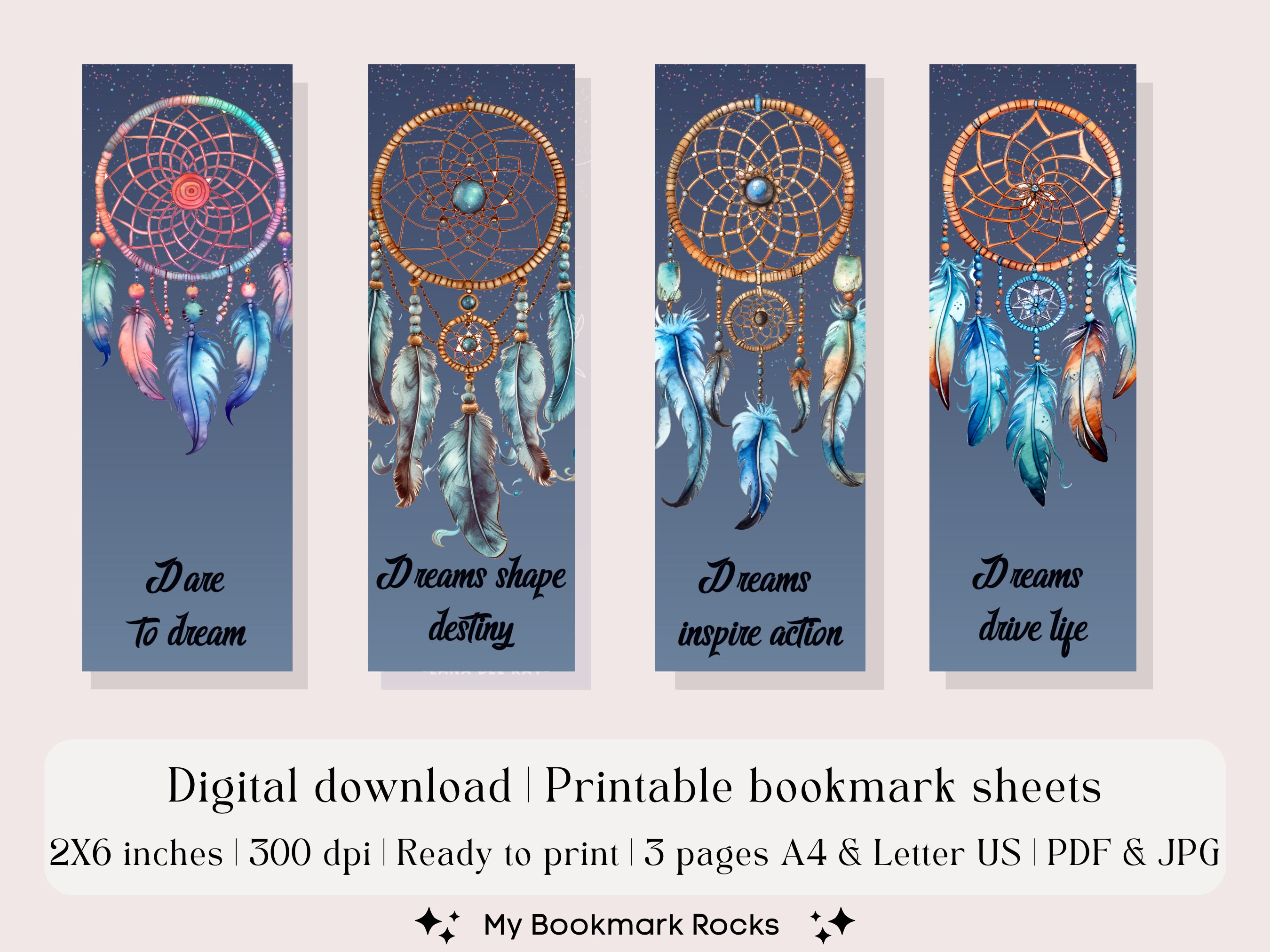 Set of 12 Dreamcatcher Printable Bookmarks | Watercolor Reading ...