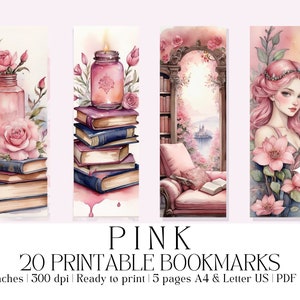 Set of 20 Watercolor &quot;Pink&quot; Printable Bookmarks, High-Quality PDF & JPG, Print and Cut, Girly Bookmarks, Digital Bookmarks, Book Lover Gift