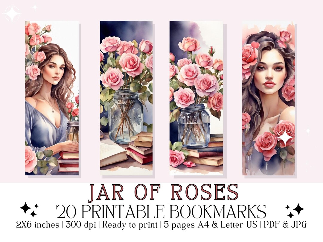 Set of 20 Watercolor "jar of Roses" Printable Bookmarks, Floral Designs ...