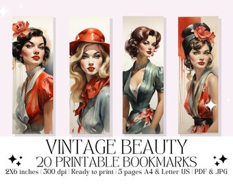 Set of 20 Watercolor "Vintage Beauty" Printable Bookmarks, Retro Girl | Instant Digital Download (PDF & JPG)