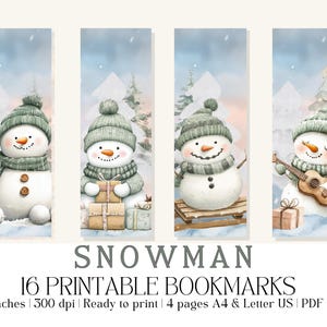 Set of 16 Pastel "Snowman" Printable Bookmarks, Winter Bookmarks, High-Quality PDF & JPG, Instant  Download, Junk Journal Supply, Gift Idea