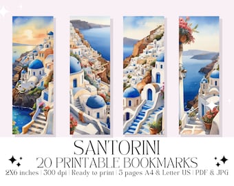 Set of 20 Watercolor "Santorini" Printable Bookmarks, Greek Island, Book Lover Gift | Instant Digital Download (PDF & JPG)