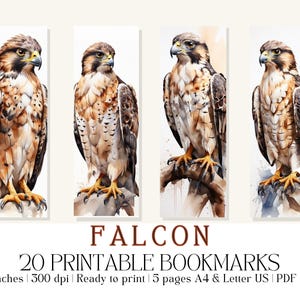May include: Set of 20 printable bookmarks featuring watercolor illustrations of falcons. Each bookmark is 2 inches by 6 inches and 300 dpi. The bookmarks are ready to print on A4 and Letter size paper in PDF and JPG formats.