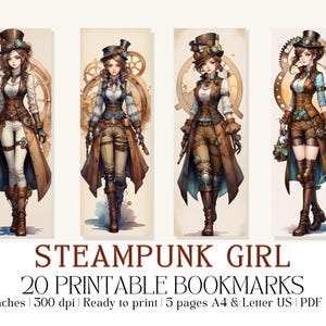 Set of 20 Watercolor &quot;Steampunk Girl&quot; Printable Bookmarks, High-Quality PDF & JPG, Instant Digital Download, Junk Journal Supply, Gift Idea