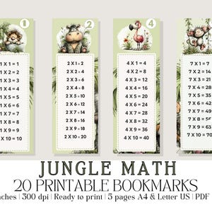Op de afbeelding: Vier verticale bladwijzers met een lichtgroene achtergrond, jungle-dierenillustraties en tafels van vermenigvuldiging voor 1, 2, 4 en 7. De tekst JUNGLE MATH 20 PRINTABLE BOOKMARKS 2X6 inches 300 dpi Ready to print 5 pages A4 & Letter US PDF & JPG staat onderaan.