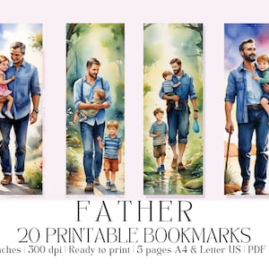 Set of 20 Watercolor &quot;Father&quot; Printable Bookmarks, High-Quality PDF & JPG, Instant Digital Download, Bookmarks for Men, Father’s Day Gift