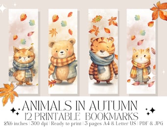 Set of 12 "Cute Animals in Autumn" Printable Bookmarks, Fall Designs | Instant Digital Download (PDF & JPG)