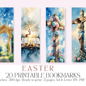 May include: Set of four watercolor Easter-themed bookmarks. Designs include a golden archway, an open book with a tree, a wooden cross with flowers, and Jesus on the cross. Each bookmark is 2x6 inches.