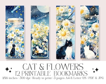 「猫と花」柄の印刷可能なしおり12枚セット、猫のしおり｜即時デジタルダウンロード（PDF＆JPG形式）