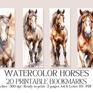 Set of 20 &quot;Watercolor Horses&quot; Printable Bookmarks, Watercolor Animals, Horses, High-Quality PDF & JPG, Instant Digital Download, Gift Idea